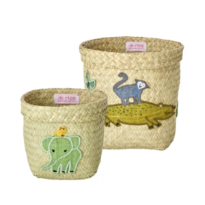 Jg. 2 cestos em raffia animais bordados verde
